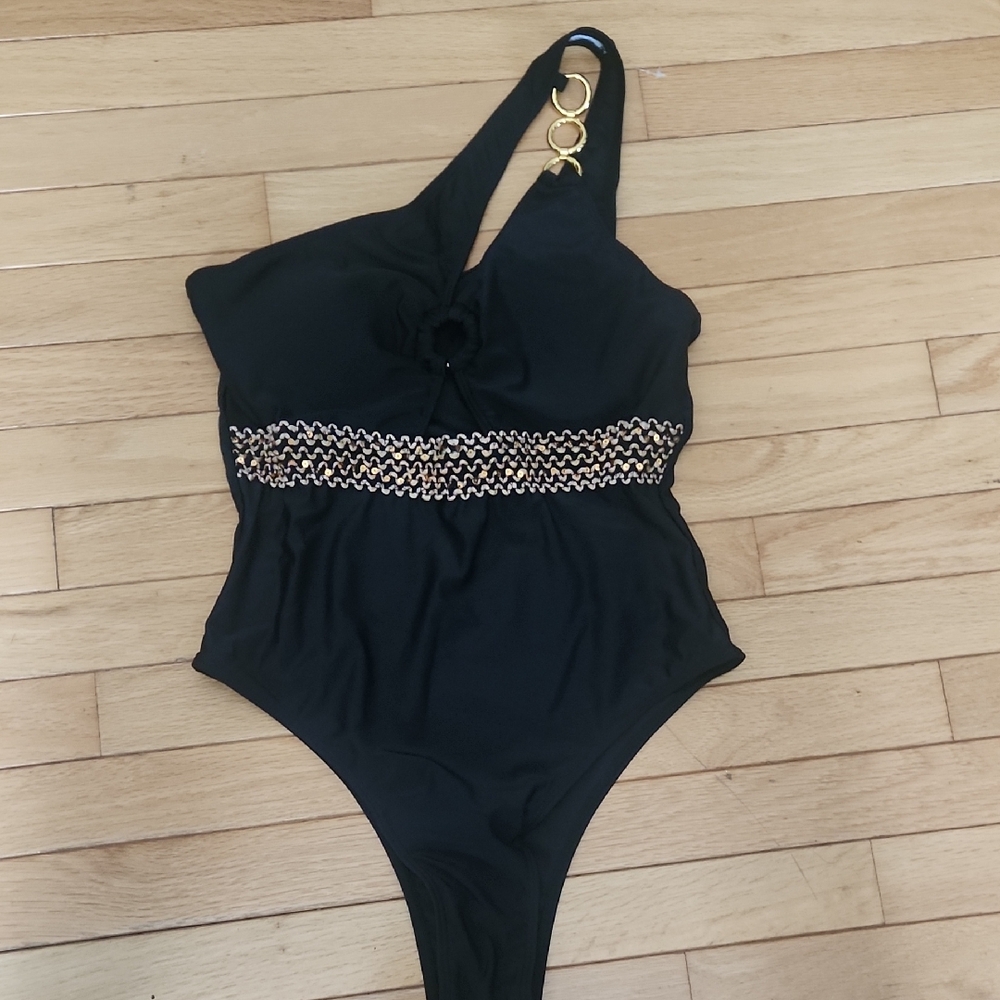 Black One-Shoulder Swimsuit with Gold Accents